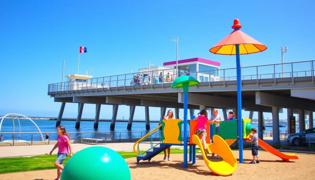Generate an image of Chula Vista Bayside Park with its public fishing pier and children playing on the colorful equipment.