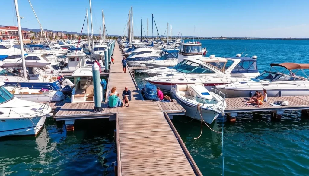 Generate an image of Chula Vista Marina with boats docked and people enjoying the view.