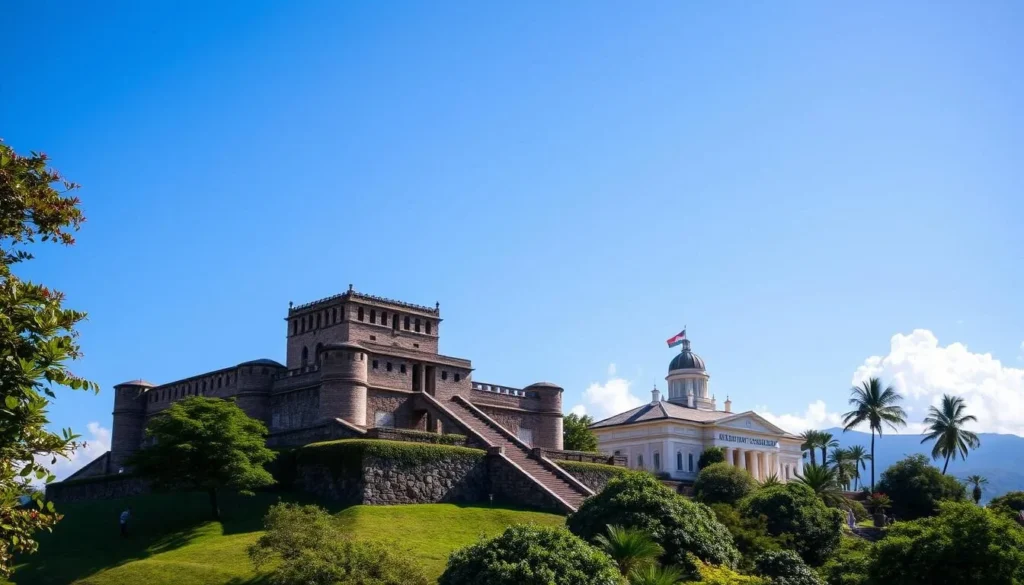 Generate an image of Citadelle Henri and Sans-Souci Palace in Haiti