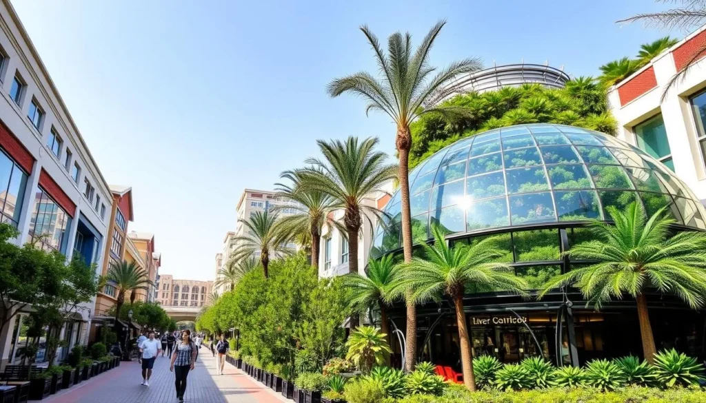 Generate an image of City Walk Dubai's pedestrian-friendly streets and The Green Planet biodome.