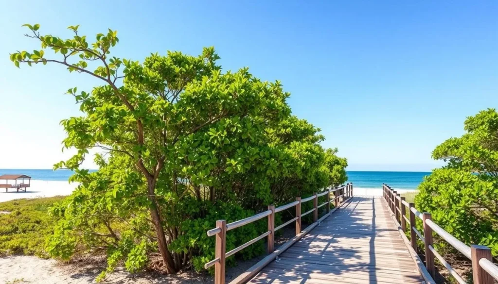 Generate an image of Clam Pass Park Beach with a boardwalk through mangroves.