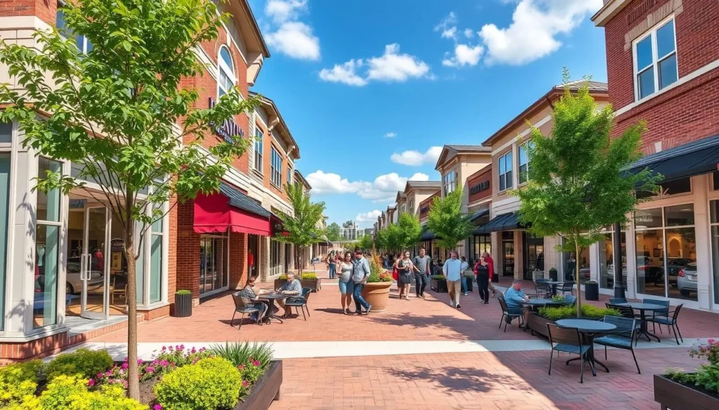 Generate an image of Clay Terrace in Carmel, Indiana, showcasing its outdoor shopping area with upscale stores and pleasant landscaping.