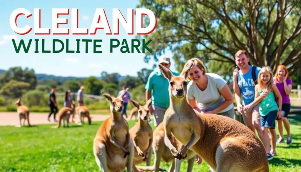 Generate an image of Cleland Wildlife Park with visitors interacting with kangaroos.