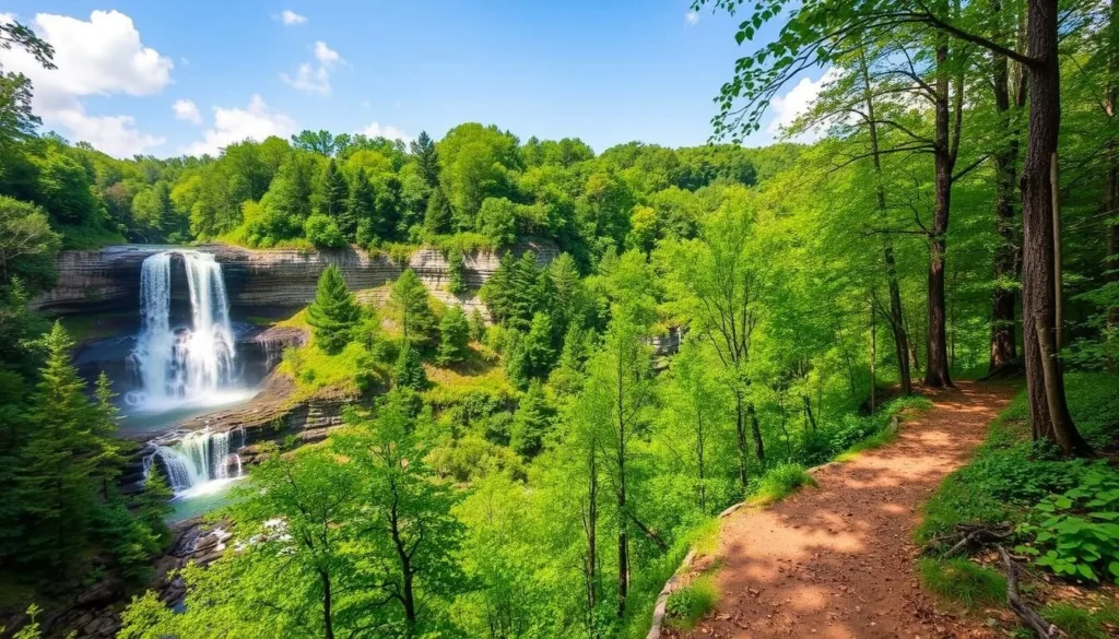 Generate an image of Clifty Falls State Park, showcasing its stunning waterfalls and hiking trails.