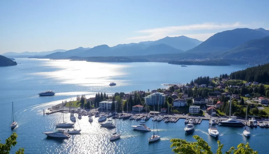 Generate an image of Coeur d'Alene lakefront with a scenic cityscape and boats on the water.