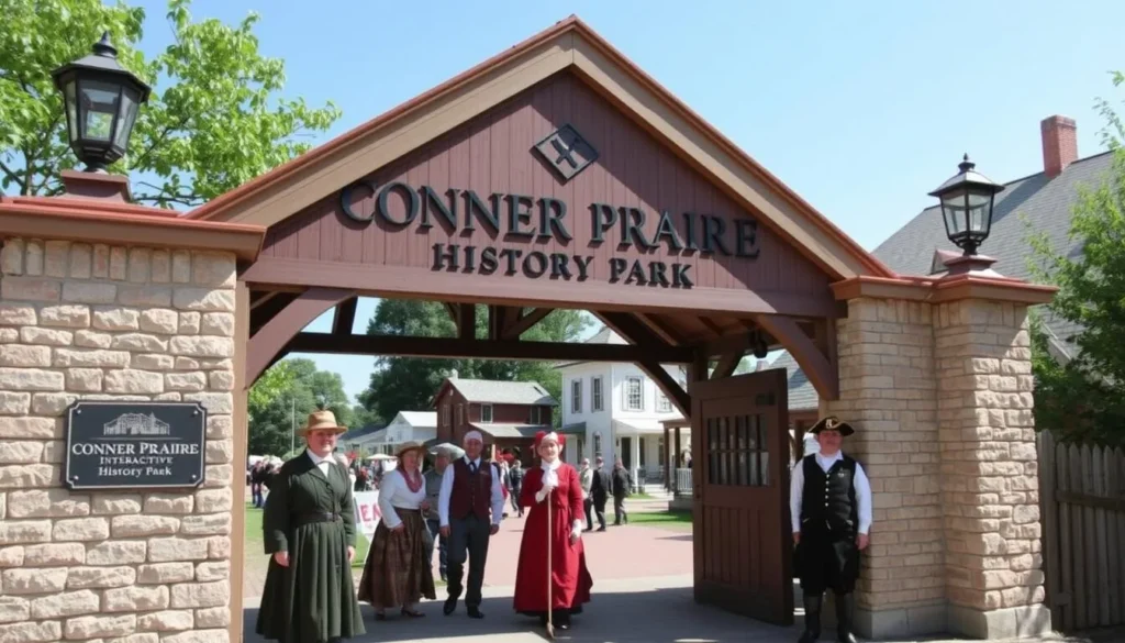Generate an image of Conner Prairie Interactive History Park's main entrance, featuring costumed actors and historical buildings.