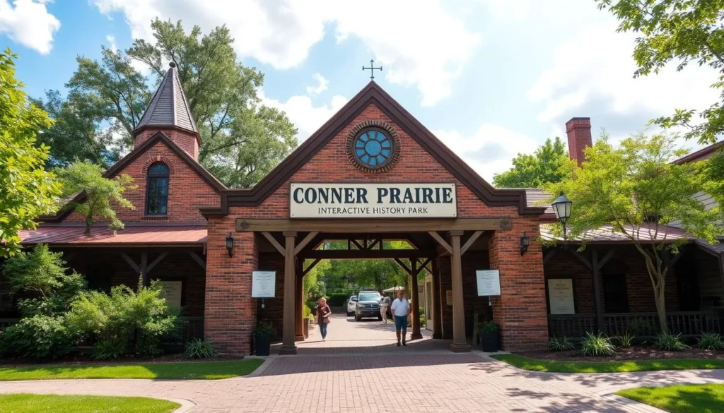 Generate an image of Conner Prairie Interactive History Park's main entrance, showcasing its historic buildings and lush surroundings.