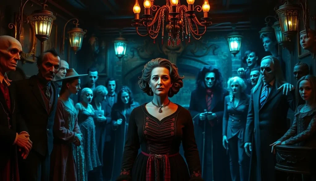 Generate an image of Count Orlock's Nightmare Gallery, featuring the life-sized figure of Winifred Sanderson alongside other horror characters.