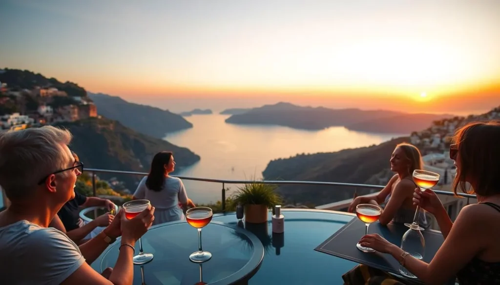 Generate an image of Cova d'en Xoroi at sunset, with people enjoying cocktails and taking in the views. Generate an image of Cova d'en Xoroi at sunset, with people enjoying cocktails and taking in the views.