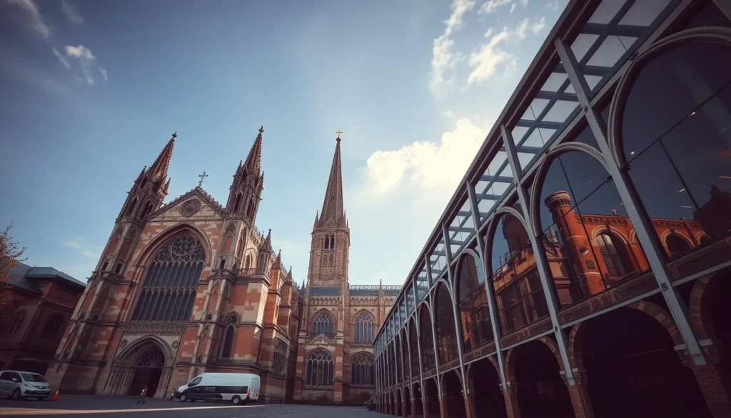 Generate an image of Coventry Cathedral with its old and new structures.