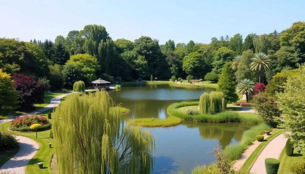 Generate an image of Coxhall Gardens with a serene lake and walking trails surrounded by lush greenery.