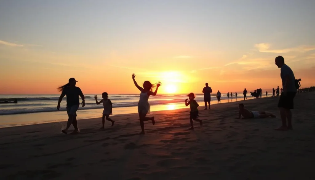 Generate an image of Crescent Beach at sunset with families playing and adults relaxing in the background.