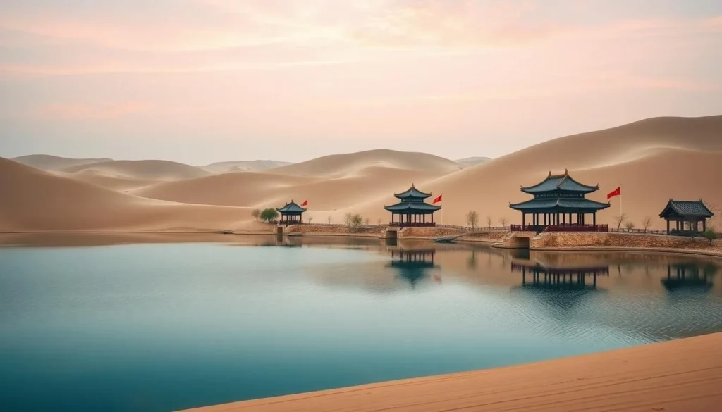 Generate an image of Crescent Lake surrounded by sand dunes and traditional Chinese pavilions.