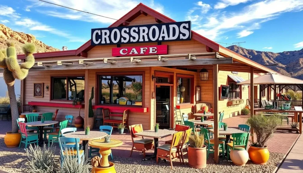 Generate an image of Crossroads Cafe in Joshua Tree, showcasing their outdoor seating area.