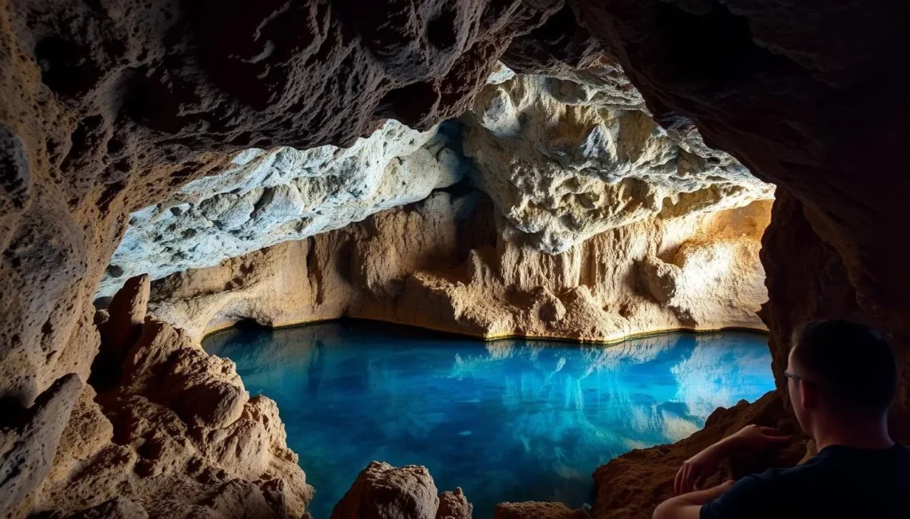 Generate an image of Crystal Lake Cave's interior, highlighting its unique rock formations and the excitement of an underground adventure.