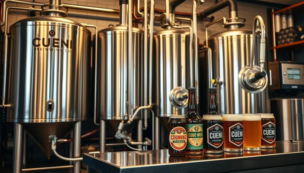 Generate an image of Cueni Brewing Co.'s brewing equipment and a few of their signature beers.
