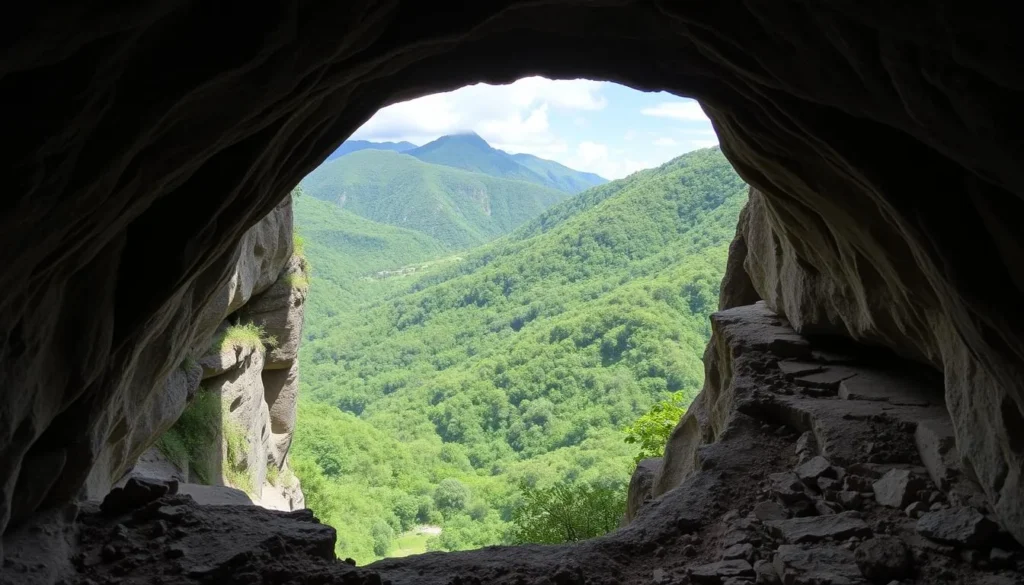 Generate an image of Cueva Ventana, Puerto Rico, showcasing its natural "window" framing the lush valley below.