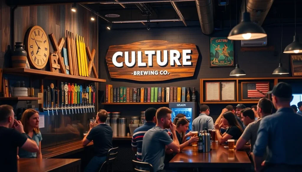 Generate an image of Culture Brewing Co.'s taproom with a selection of craft beers on tap.