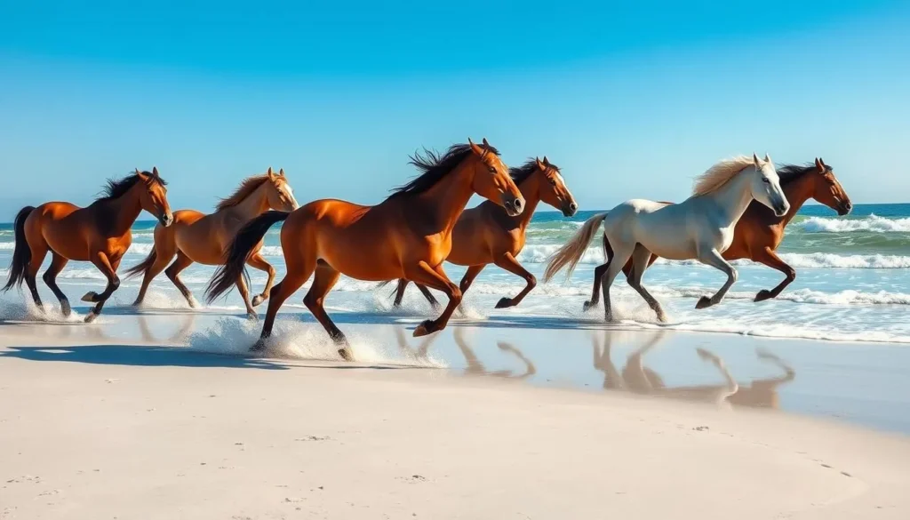 Generate an image of Cumberland Island's wild horses roaming on pristine beaches.