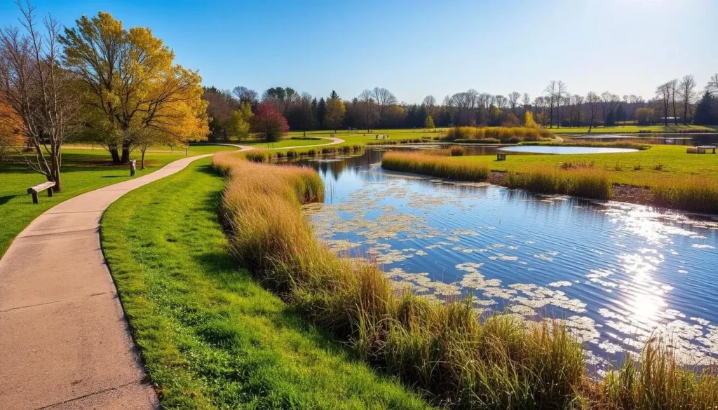 Generate an image of D.W. Field Park's scenic walking trails and ponds.