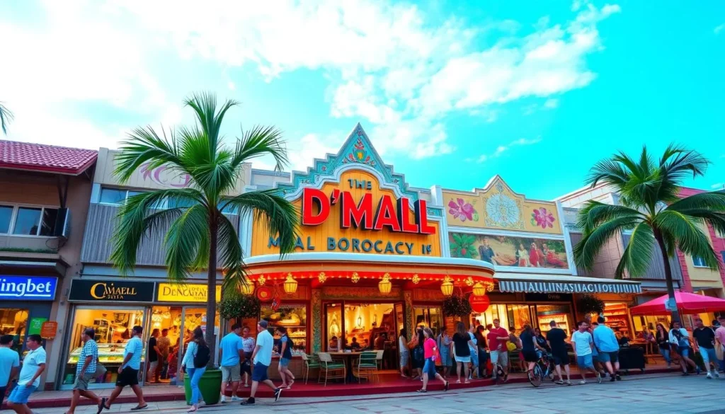 Generate an image of D'Mall in Boracay, showcasing its vibrant shopping and dining atmosphere.
