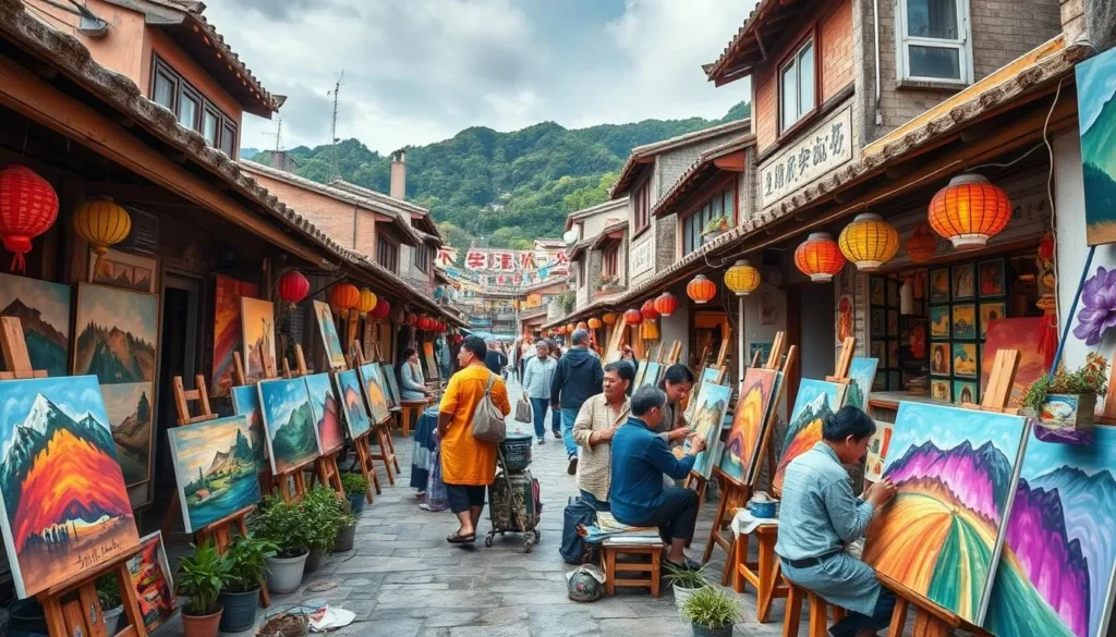 Generate an image of Dafen Oil Painting Village, showcasing its vibrant art scene and numerous painting workshops.
