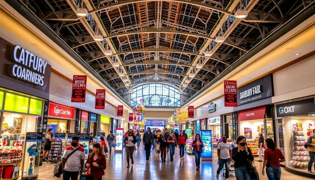 Generate an image of Danbury Fair Mall, showcasing its large interior with various stores and a bustling atmosphere.