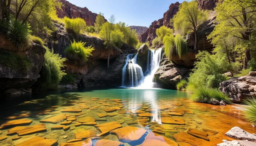 Generate an image of Darwin Falls, a lush oasis in Death Valley National Park, with a waterfall cascading into a serene pool surrounded by lush greenery.
