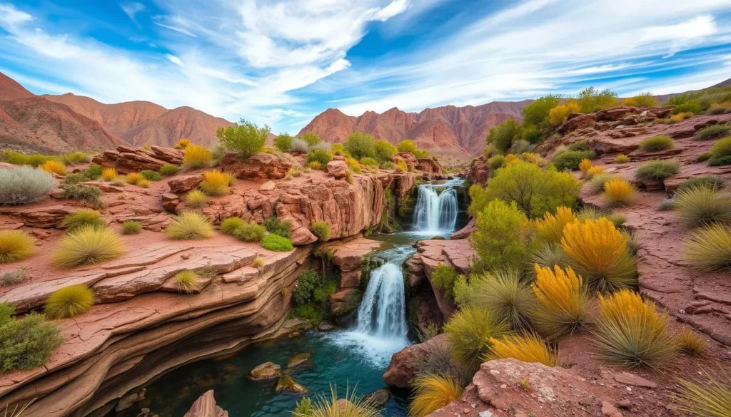 Generate an image of Darwin Falls in Death Valley National Park, showcasing the waterfall surrounded by lush vegetation.