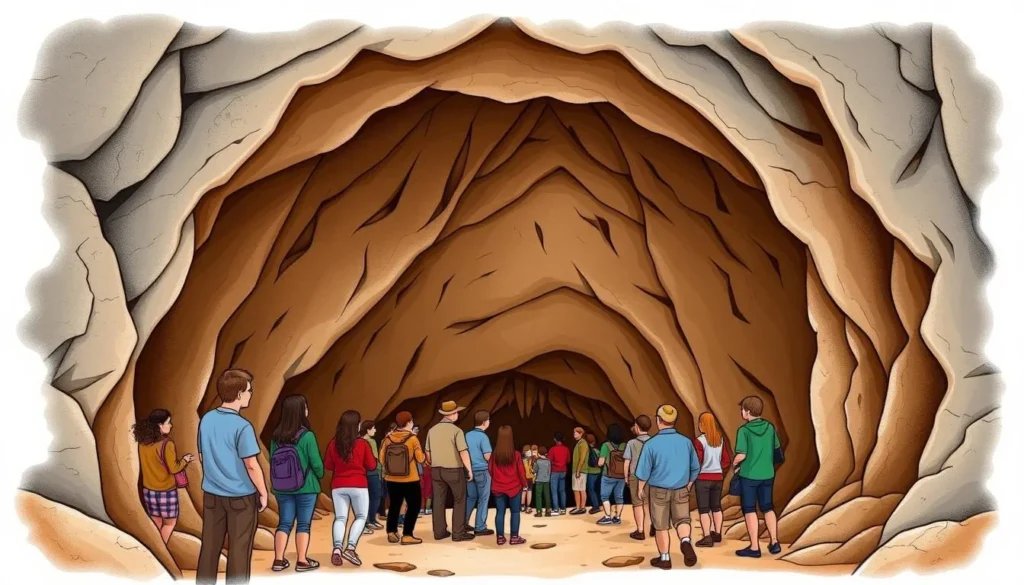 Generate an image of DeSoto Caverns' main cave entrance with a group of people on a guided tour.
