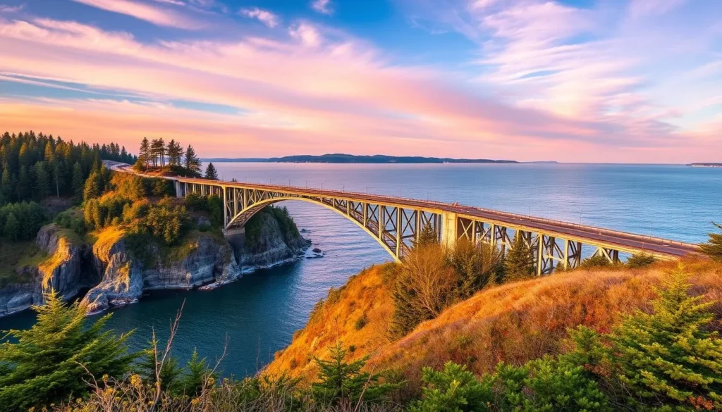 Generate an image of Deception Pass State Park's iconic bridge connecting Whidbey Island to the mainland.