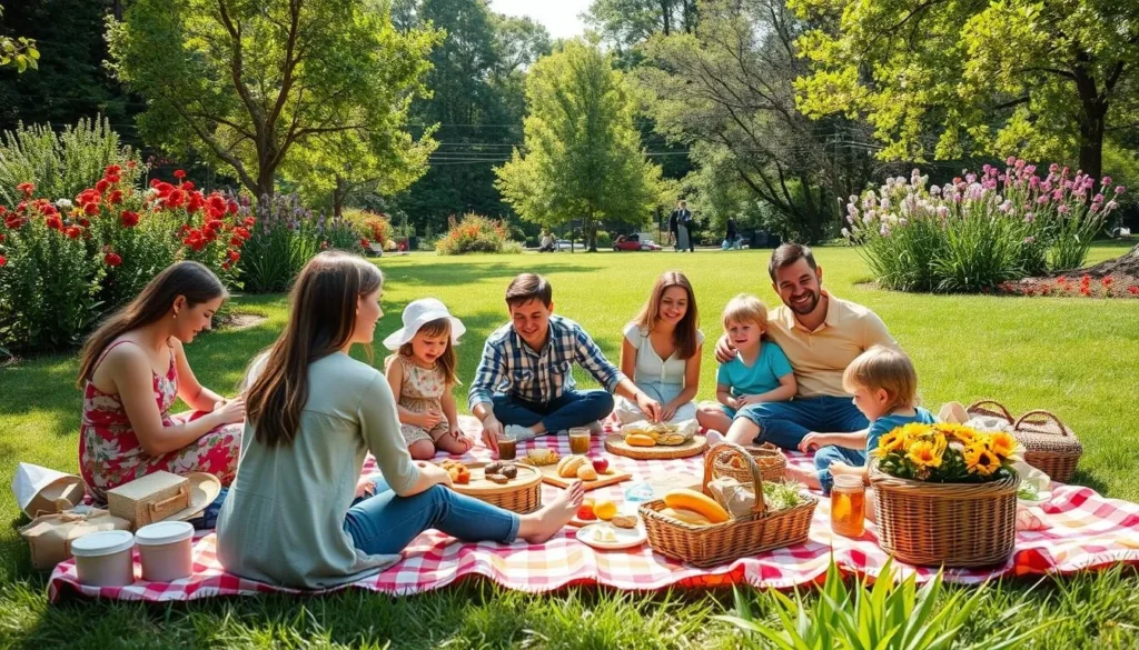 Generate an image of Deming Park with families enjoying a picnic. Generate an image of Deming Park with families enjoying a picnic.