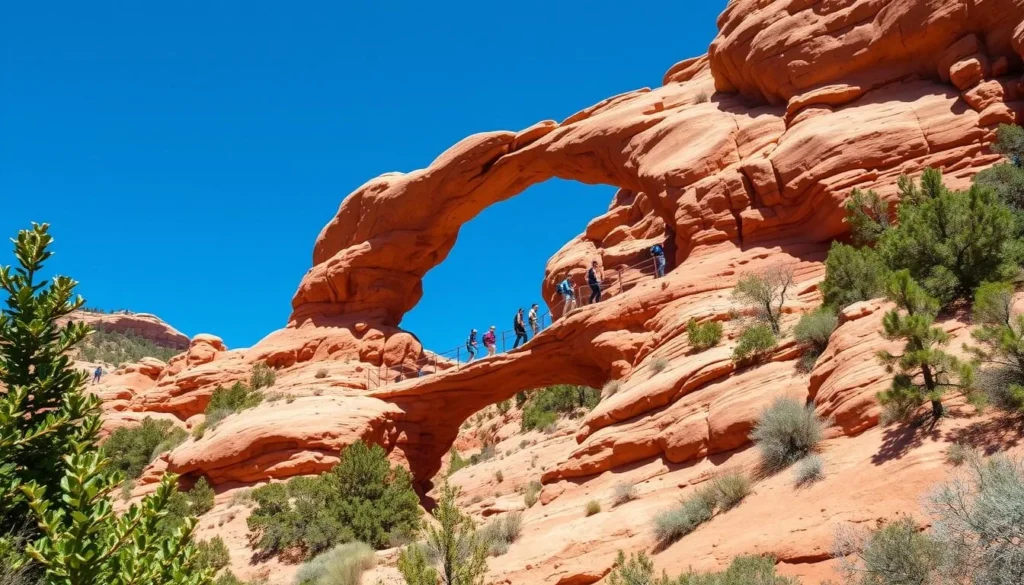 Generate an image of Devil's Bridge in Sedona, Arizona, with hikers walking across the natural sandstone arch.