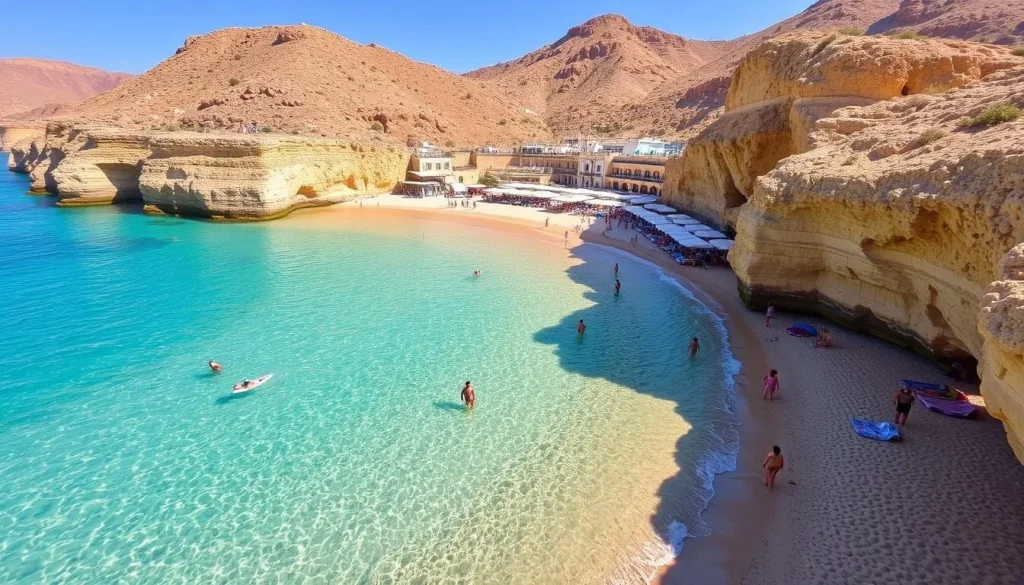Generate an image of Dhërmi beach with crystal-clear waters and lively atmosphere.