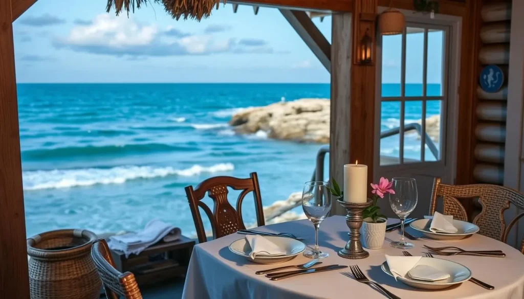 Generate an image of Dickie's Best-Kept Secret's seaside shack with a beautifully set table.