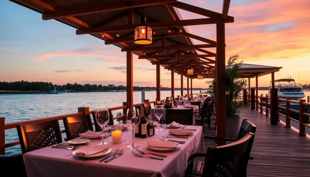 Generate an image of Dinner on the Dock's waterfront dining area with a beautifully set table.