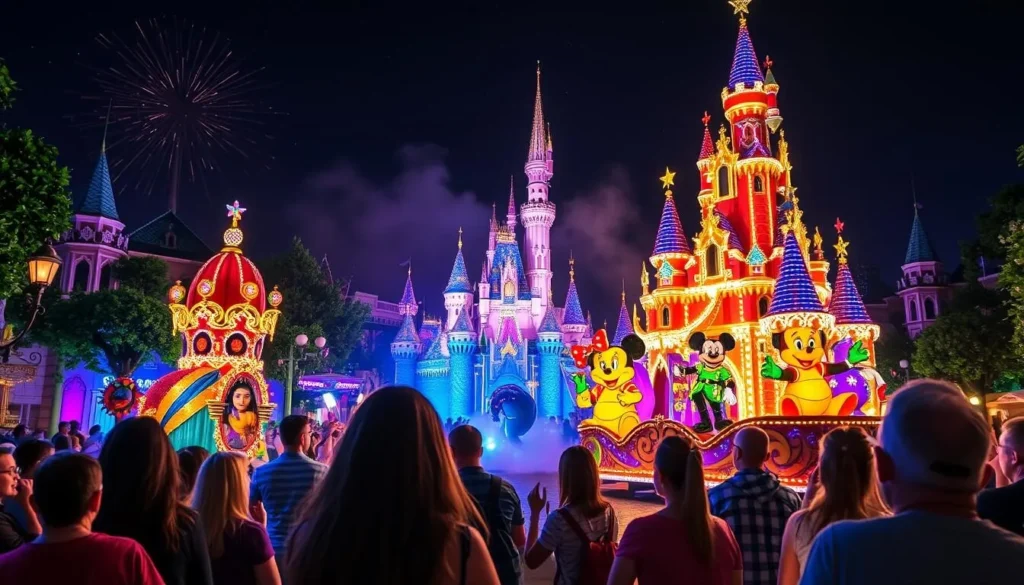 Generate an image of Disneyland Paris during summer with a nighttime parade.