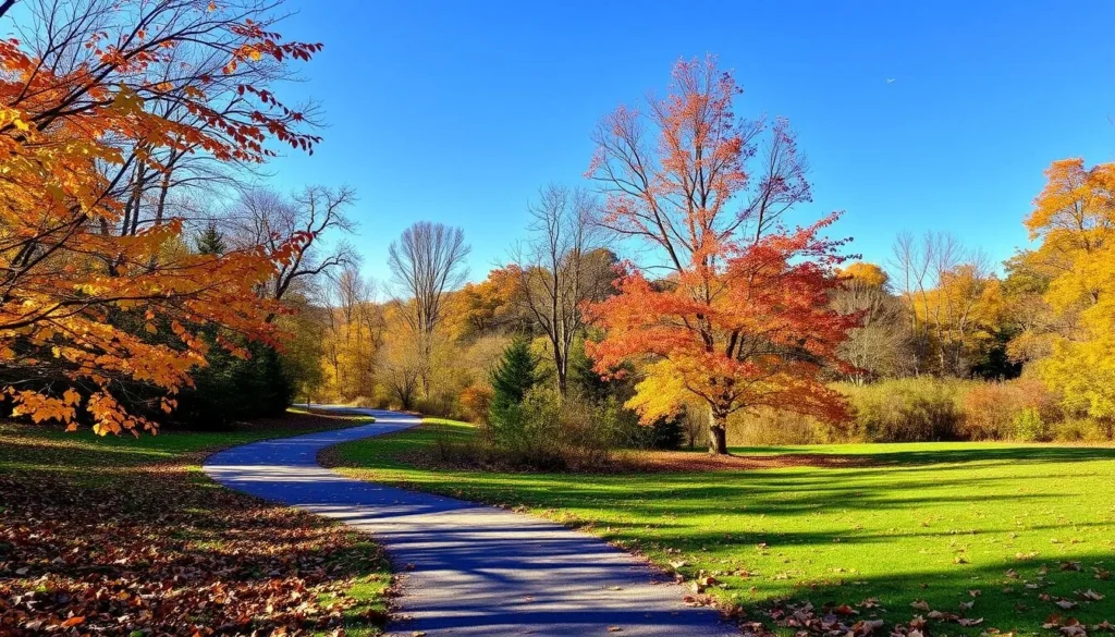 Generate an image of Dobbs Park's nature trails during autumn. Generate an image of Dobbs Park's nature trails during autumn.