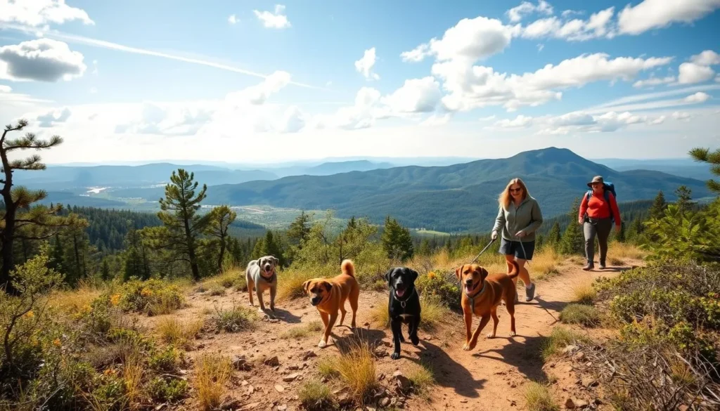 Generate an image of Dog Mountain's serene hiking trails with dogs and their owners enjoying the scenery.