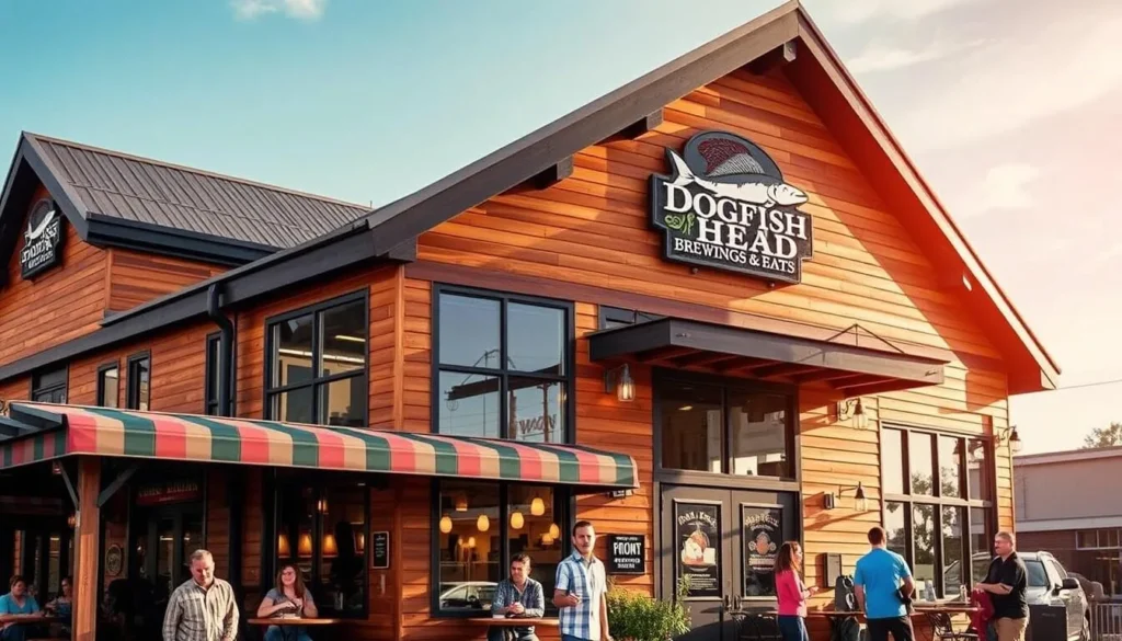Generate an image of Dogfish Head Brewings & Eats' exterior, showcasing its unique architecture and lively atmosphere.