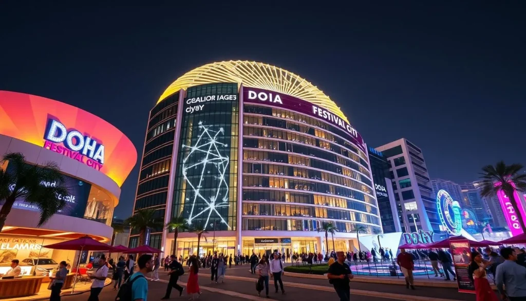 Generate an image of Doha Festival City, showcasing its modern architecture and vibrant atmosphere.