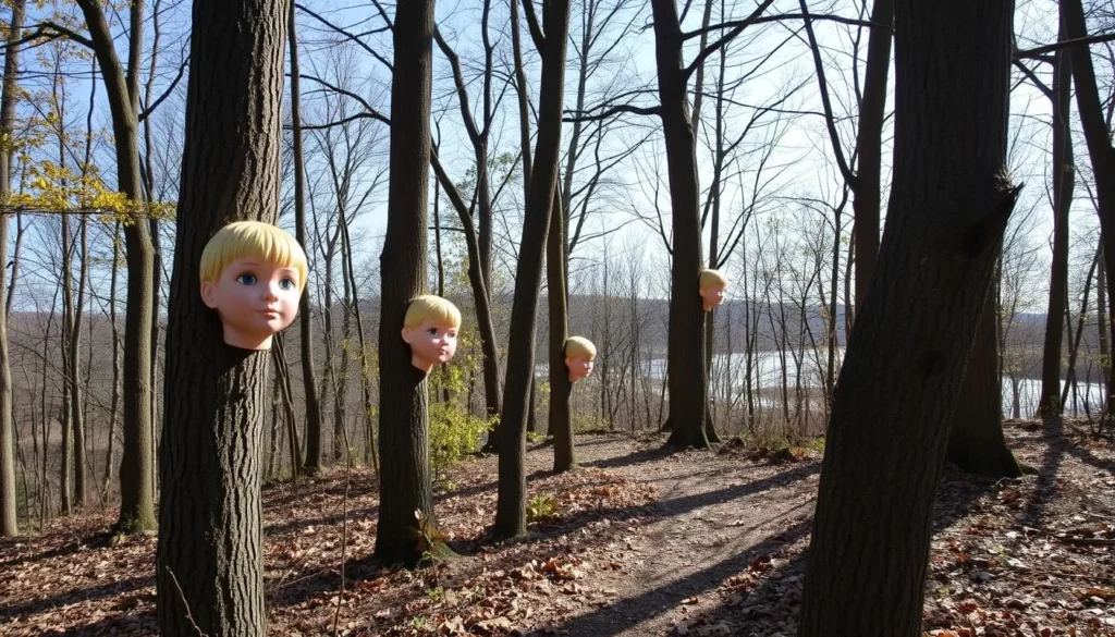 Generate an image of Doll's Head Trail in Constitution Lakes Park, showcasing the unique doll head installations amidst the trees.