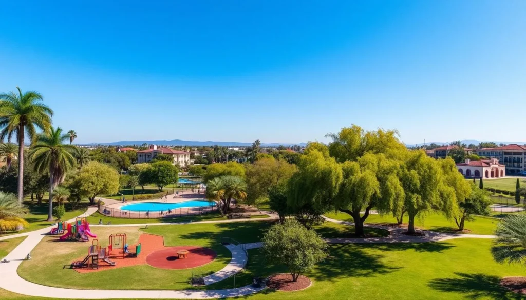 Generate an image of Dominguez Park, highlighting its expansive green spaces, playgrounds, and sporting facilities.
