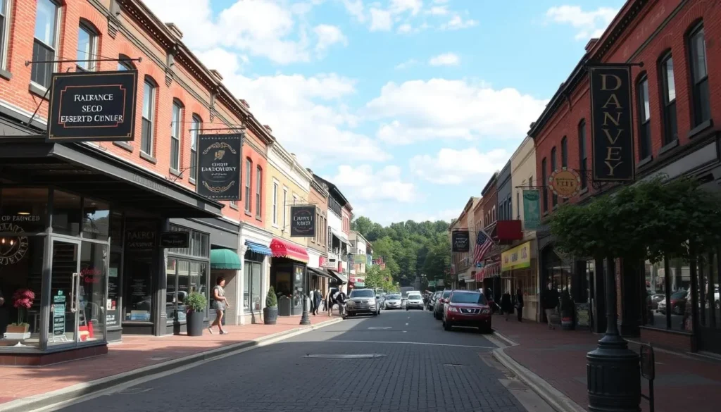 Generate an image of Downtown Danbury, highlighting its historic storefronts and vibrant Main Street.