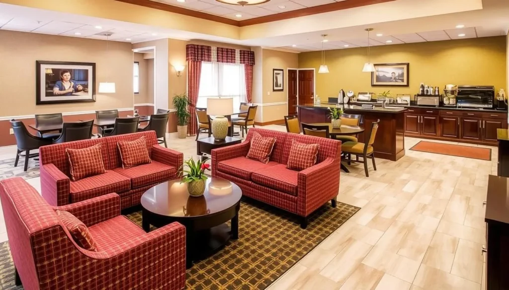 Generate an image of Drury Inn & Suites Joplin's lobby with a warm atmosphere, showcasing its comfortable seating and breakfast area.