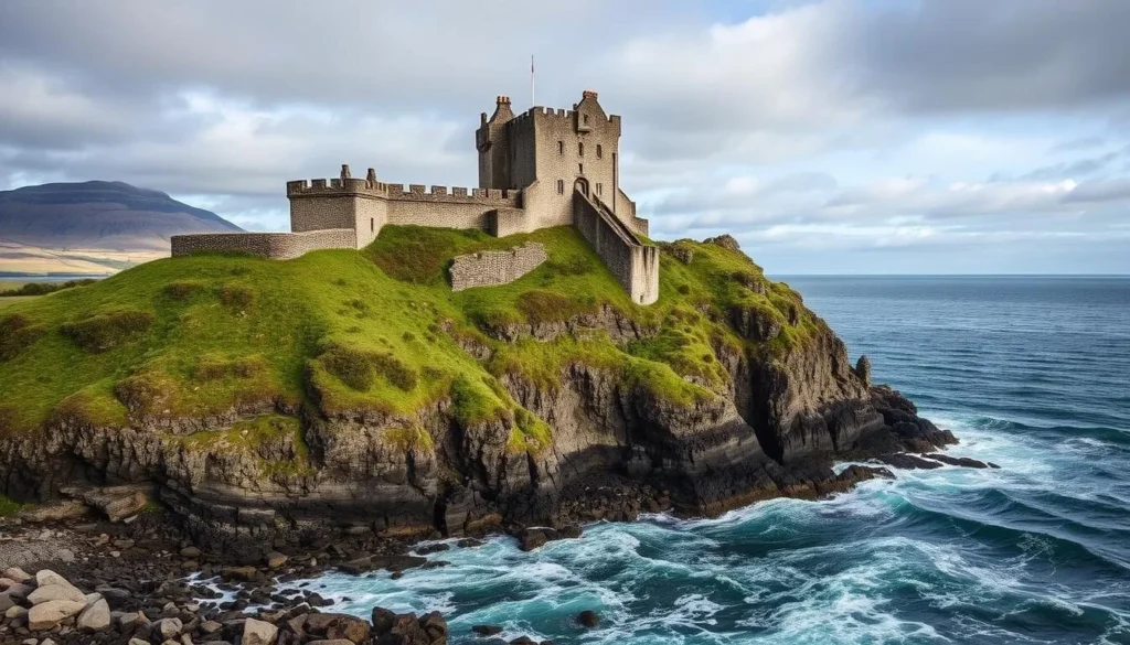 Generate an image of Duart Castle perched on a cliff with the sea in the background.