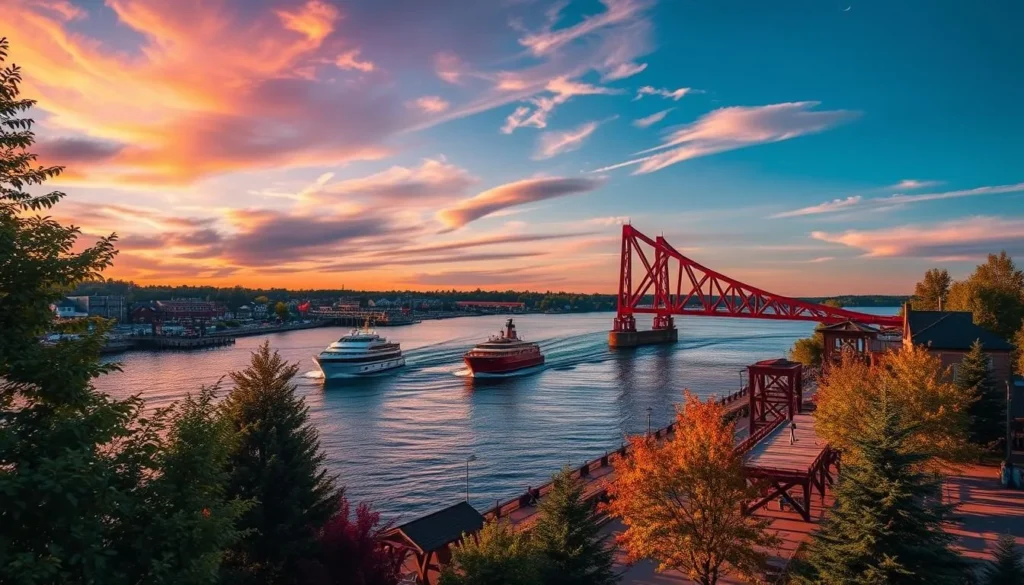 Generate an image of Duluth's Canal Park, featuring the Aerial Lift Bridge and ships passing underneath.
