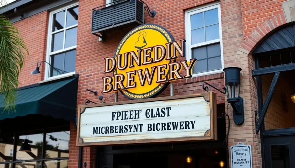 Generate an image of Dunedin Brewery's exterior with a sign indicating it's Florida's oldest microbrewery.