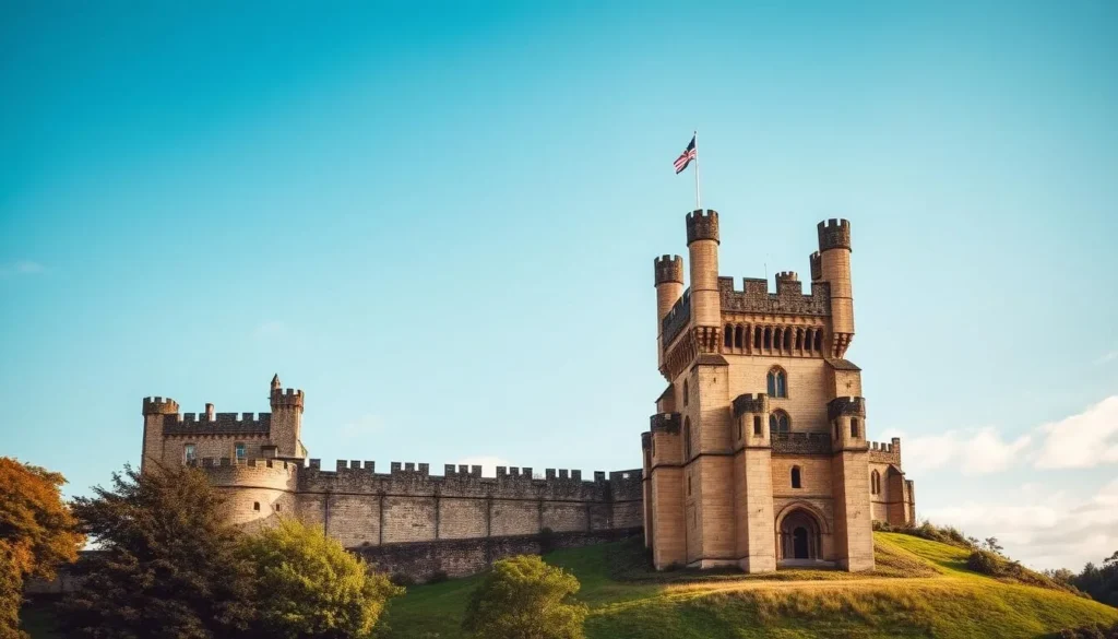 Generate an image of Durham Castle's imposing structure and its picturesque surroundings.