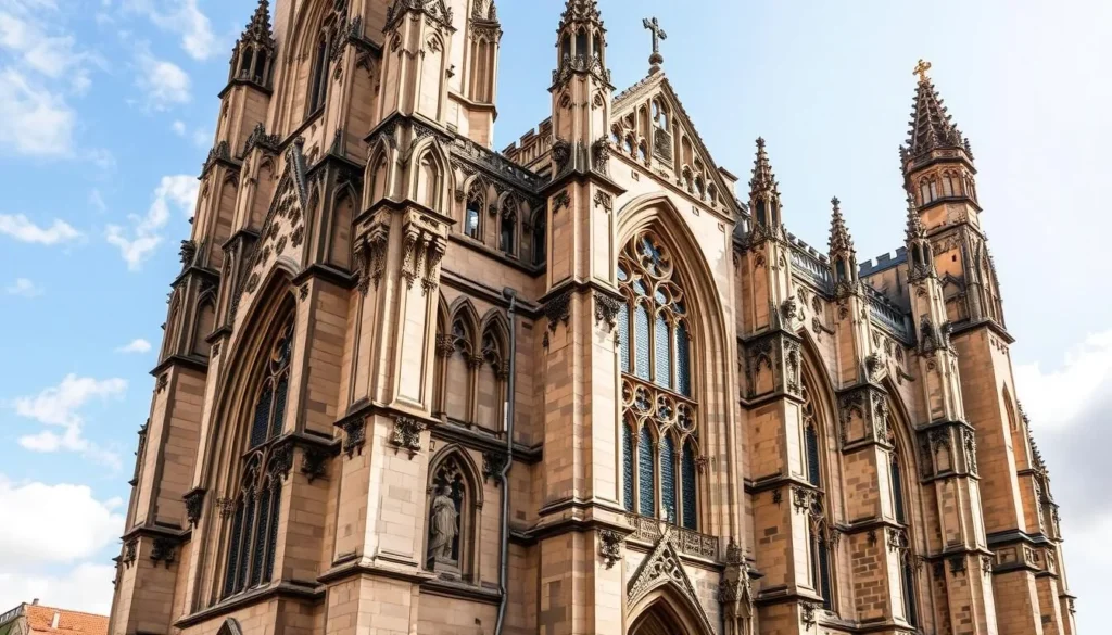 Generate an image of Durham Cathedral's stunning Norman architecture and its intricate stone carvings.